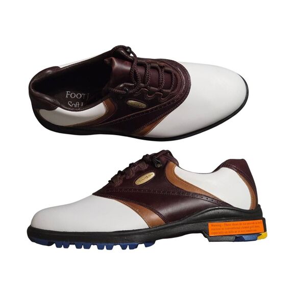 FOOTJOY SOFTJOYS BROWN WHITE LEATHER GOLF SHOES SPIKELESS MENS 9.5 M EUC - Picture 1 of 8